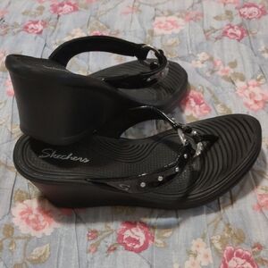 Black Wedge Sandals With Rhinestones Accents 6.5